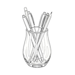 A transparent glass pen holder containing various pens and a pencil, displayed with a clean, minimalist aesthetic.