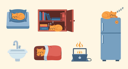 A cartoon illustration depicts an orange cat sleeping in various locations: on a bed, in a bookshelf, on a refrigerator, in a sink, in a sleeping bag, and next to a laptop.