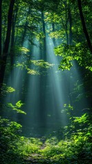 Obraz premium Sunlight streams through a lush green forest