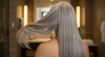 Close Up View Of Beautiful Woman Touching Her Long Gray Hair