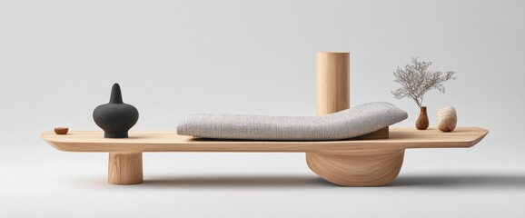 Modern Wooden Meditation Bench with Grey Cushion