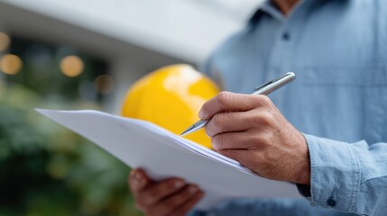 Engineer holding pen while analyzing civil engineering project documents