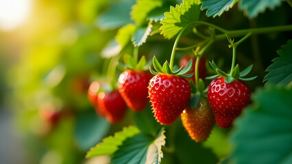 Macro Shot of Strawberries Hanging on Plant Surrounded by Green Leaves in Natural Daylight, 4K