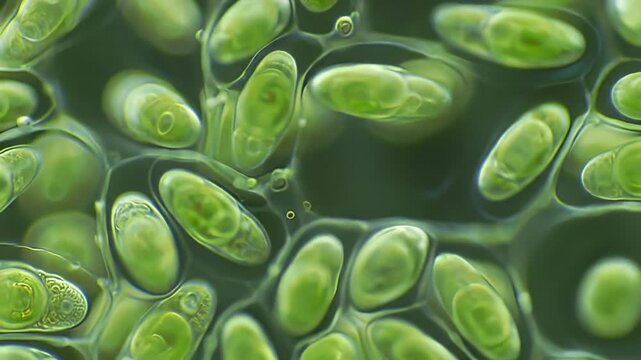 Abstract close-up of green algal cells enclosed within translucent, jelly-like walls