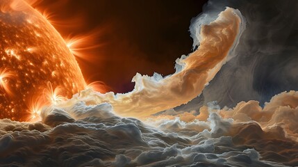 An ultra close-up, dramatic image of the Sun's surface, showing glowing orange solar flares and turbulent, fiery plasma extending outwards into a dark, smoky cosmic background.