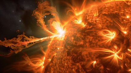 An extreme close-up of the Sun's surface, showcasing intense, bright solar flares and plasma eruptions emanating from the turbulent, fiery orange and yellow surface against a dark