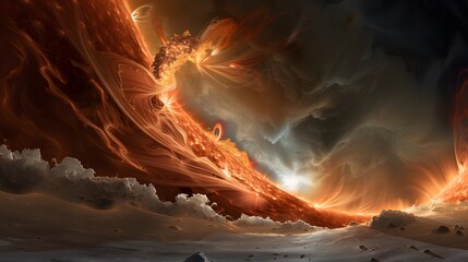 A dramatic and surreal cosmic landscape with a fiery, turbulent orange and red celestial body dominating the scene, emitting bright flares and surrounded by dark, smoky clouds 