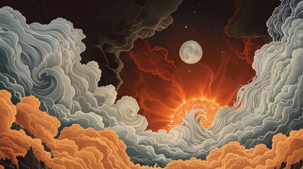 A high-definition visualization of a dramatic celestial event, with a fiery orange sun and solar flares surrounded by dark and light, turbulent clouds, and a full moon appearing in the upper sky.
