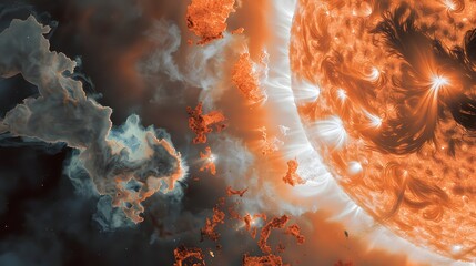 An ultra close-up of the Sun's turbulent surface, revealing intense orange and white solar flares and plasma activity, surrounded by dramatic dark and light nebulous formations in a cosmic setting.
