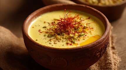 Kheer dessert sits in earthen bowl. Features pistachios, saffron strands. Use for culinary publications, recipe books, food blogs, marketing materials.