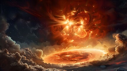 An extreme close-up of a dramatic cosmic event, showcasing a swirling, fiery orange celestial body above a turbulent, glowing disk of plasma, surrounded by dark and light cosmic clouds.