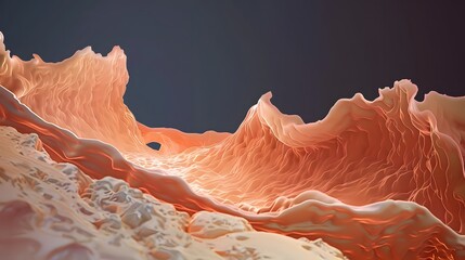 A close-up, abstract view of wavy, textured organic forms in shades of peach and light orange, resembling flowing fabric or biological tissue, set against a dark background.
