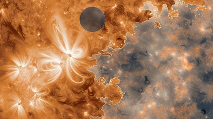 An extreme detail of solar granules and plasma activity, showing a vibrant orange, turbulent surface with bright flares and swirling patterns, transitioning into a dark, nebulous cosmic region 