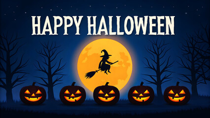 Happy Halloween night with witch and pumpkins broomstick