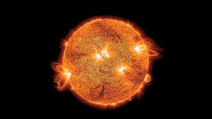 A vibrant, detailed depiction of the Sun with prominent solar flares and active regions, set against a dark background, highlighting its dynamic surface.
