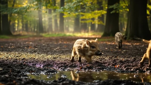 Wild Boar Piglets Running Through Mud