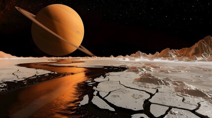 A stunning view of a vast, cracked icy landscape on Titan, with a reflective liquid river, under the dominant presence of Saturn and a starry sky.