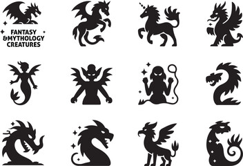 Fantasy and mythology creature silhouettes black and white set