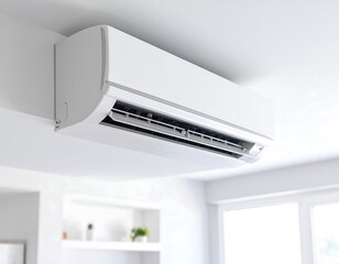 White ceiling-mounted air conditioner unit in a bright room