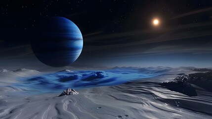 A surreal landscape with a flowing blue river on an icy terrain, illuminated by a distant sun, with the majestic blue Neptune dominating the dark sky.