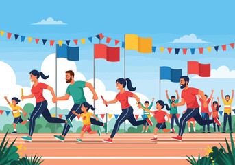 Family relay race illustration featuring parents and children running on a track, cheered on by a crowd under a festive banner-filled sky.