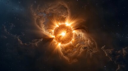 A dramatic image of a central luminous star or nebula, possibly representing the Sun in a late stage, emitting intense light and surrounded by glowing, swirling gas and dust in deep space.