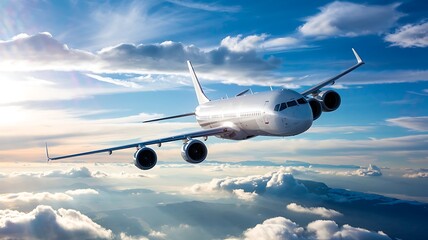 Fototapeta premium Modern passenger jet airplane soaring majestically through a vibrant blue sky filled with dramatic fluffy white clouds during a beautiful sunny day