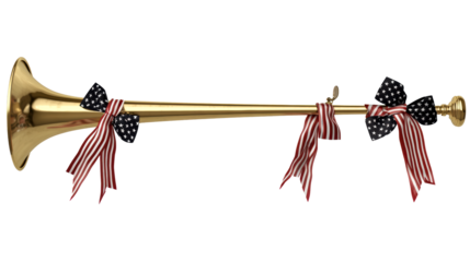 Gold trumpet decorated with red, white, and blue bows for celebration