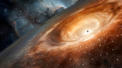 A captivating depiction of a supermassive black hole with a glowing accretion disk, surrounded by swirling cosmic dust and stars against a deep space nebula.