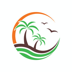 Fototapeta premium Stylized tropical beach scene with palm trees and birds under an orange sun vector