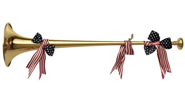 Gold trumpet decorated with red, white, and blue bows for celebration