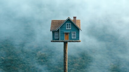 A whimsical image of a small blue house perfectly balanced atop a single, tall wooden pillar, set against a soft, misty or cloudy background.