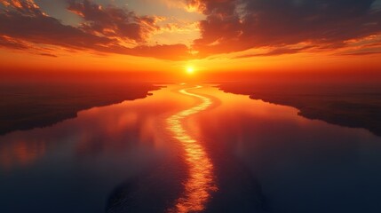 A breathtaking sunset scene featuring a winding river reflecting the fiery orange and red hues of the sky, creating a vibrant pathway of light on the water.