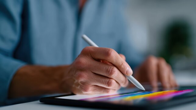 Graphic designer sketching colorful concepts on digital tablet with stylus pen