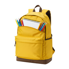 A vibrant yellow backpack stuffed with colorful pencils and a notebook, ready for school, isolated on white or transparent background. PNG