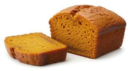 slice of maple pumpkin loaf isolated on a white background for dessert photography and bakery use