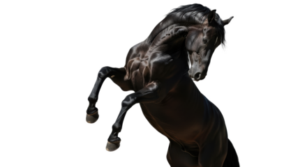 A black horse stands on its hind legs with a black background and bright light shining on the horse