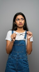 Young Woman Holding Glasses And Looking Confused Against A Neutral Background