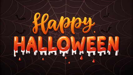 Orange Happy Halloween text with dripping effect and bats