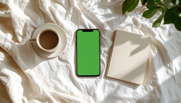 Sunlit Morning Flat Lay: Green Screen Phone, Coffee, and Book on Cozy Rumpled Linen - Powered by Adobe