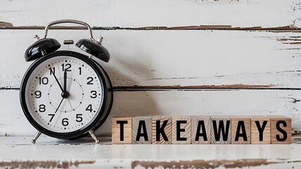 Vintage alarm clock and wooden letter blocks spelling out the word takeaways on a rustic white wooden background representing time and learning
