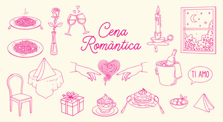 Cena Romantica vector illustration set. Pink hand drawn sketch of a romantic Italian dinner for Valentine's Day, anniversary, and invitation design projects.