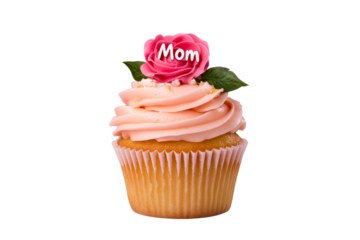 Delicious cupcake with pink frosting and flower decoration for mom