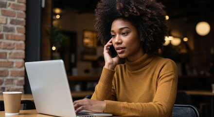 Focused African American Woman Working On Laptop And Talking On The Phone