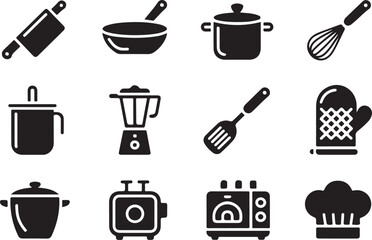 Simple black and white kitchen utensils and appliances