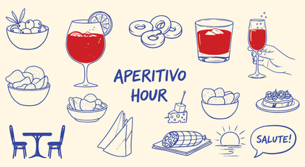 Aperitivo Hour vector illustration set. Hand drawn sketch of Italian food, drinks, and cocktail elements for restaurant, bar, menu, and happy hour design projects.