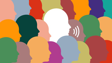Colorful Human Silhouettes Talking and Listening. Whistleblower Concept. Employee Informant Speaking in Crowd, Insider Revealing Information, Alert Communication, Corporate Transparency, Truth Concept
