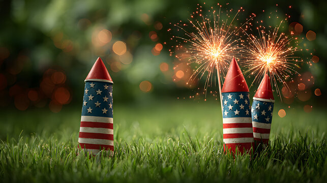 Independence day celebration. Patriotic firework rockets with American flag design stand green grass ,barbecue party outdoor, 4th of july gathering, family patriotic celebrating usa holiday