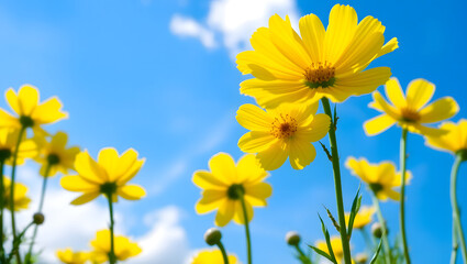 Vibrant yellow ranunculus flowers with delicate petals and prominent golden centers are set against a brilliant blue sky backdrop with a few wispy white clouds, the flowers are freshly bloomed