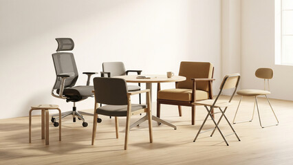 Assorted chairs around circular table in clean room representing symbolic diversity, workplace unity and collaborative teamwork concept
